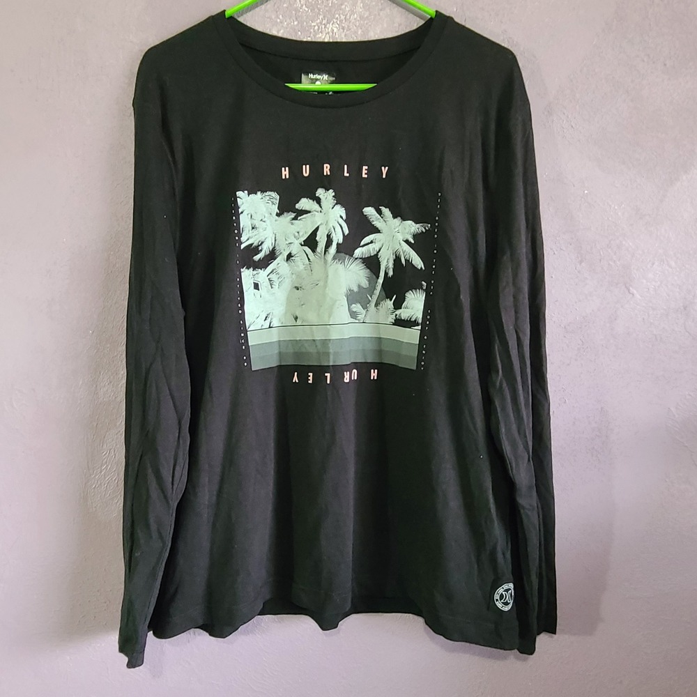 Hurley Graphic Tee Mens Large Black Long Sleeve Palm Tree HFA20VMT-00937FME